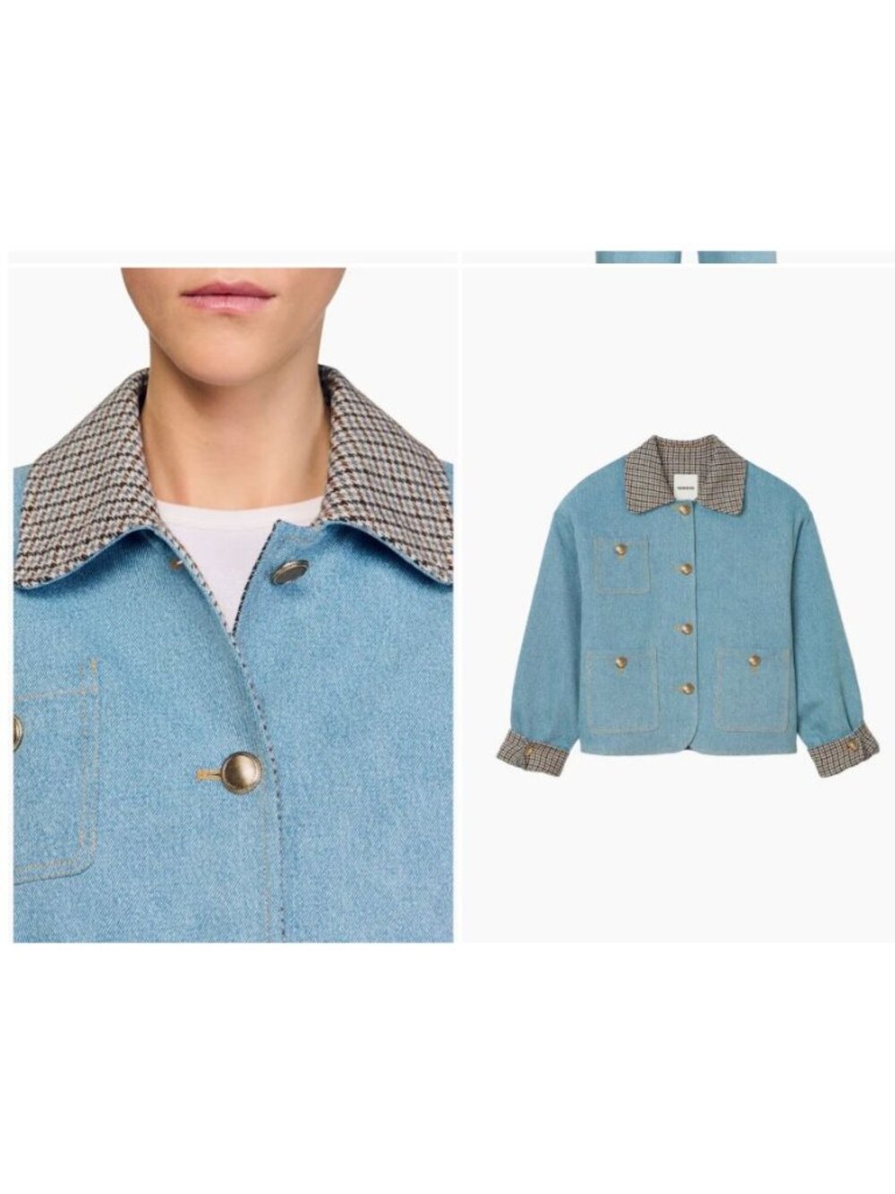 Sandro Light Blue Denim Jacket With Contrast Collar Womens Jean Coat - Picture 14 of 16